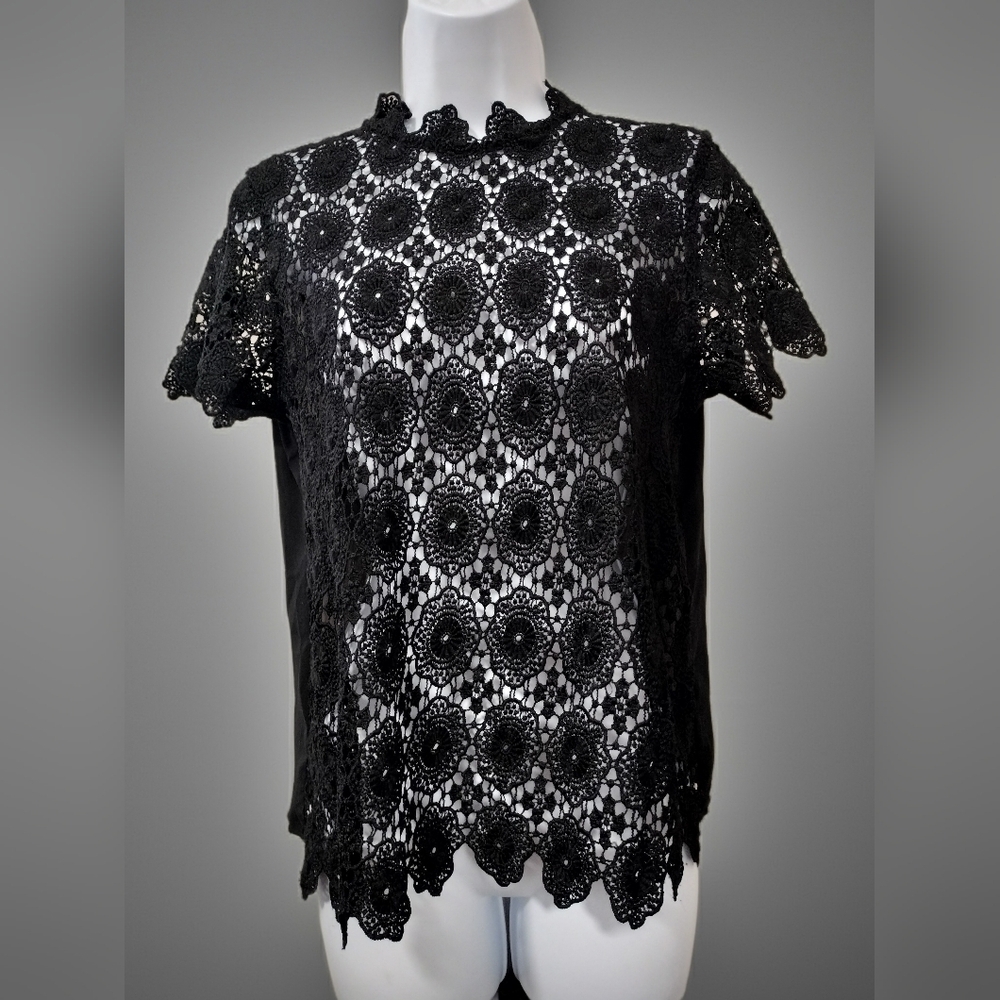 Who What Wear Black Lace Sheer Blouse Keyhole Back Boho Retro Medium
